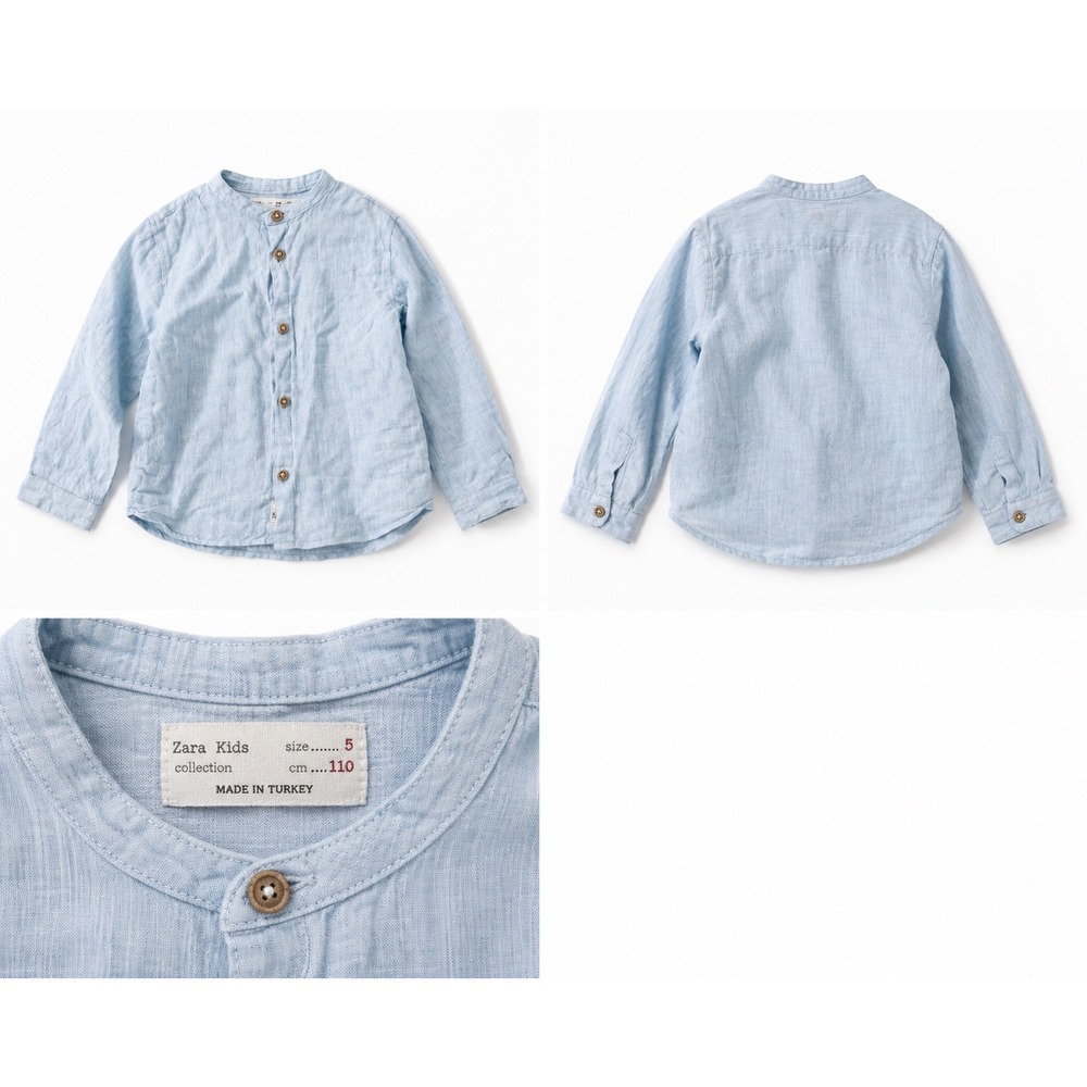 Zara Kids Linen Button Down Shirt Kids 5 Light Blue Excellent Mandarin Collar